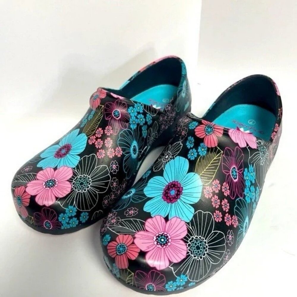 Black Floral Slip-On Clogs in Pink & Turquoise